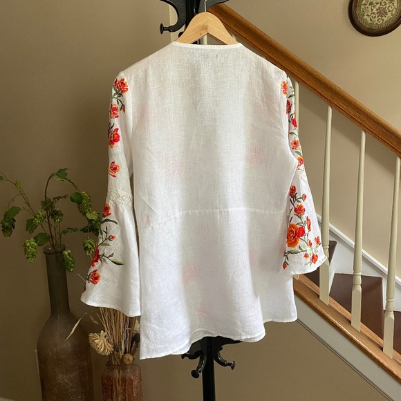 Boston Proper Embroidery Floral Bell Sleeve Linen Blouse White Orange Medium - Picture 3 of 16